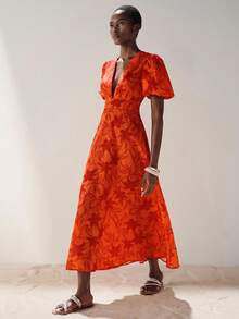 Aveloria Modichic Women Light Woven Floral Printed Fabric High Waist A-Line Swing Fit Deep V-Neck Puff Short Sleeve Design Elegant Vacation Style Red Floral Dresses For Women Summer Vacation Outfits Women Elegant Dresses For Women Red Dresses For Women Wrap Around Dresses For Ladies Women's Talk Dress Ycv9w Discount Code For Woman Dress Wrap Dress Wedding Guest - Orange - View 7