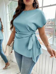 Reflora Plus Size Women's Fashionable Elegant Solid Color Tie Blouse - Mint Blue - View 6