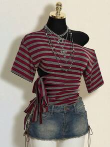 SHEIN ICON Y2k 女款哥特风 Coachella 音乐节俱乐部嬉皮辣妹中国风红黑条纹不对称肩短袖侧扭结时尚上衣，夏季 - 彩色 - 查看 9