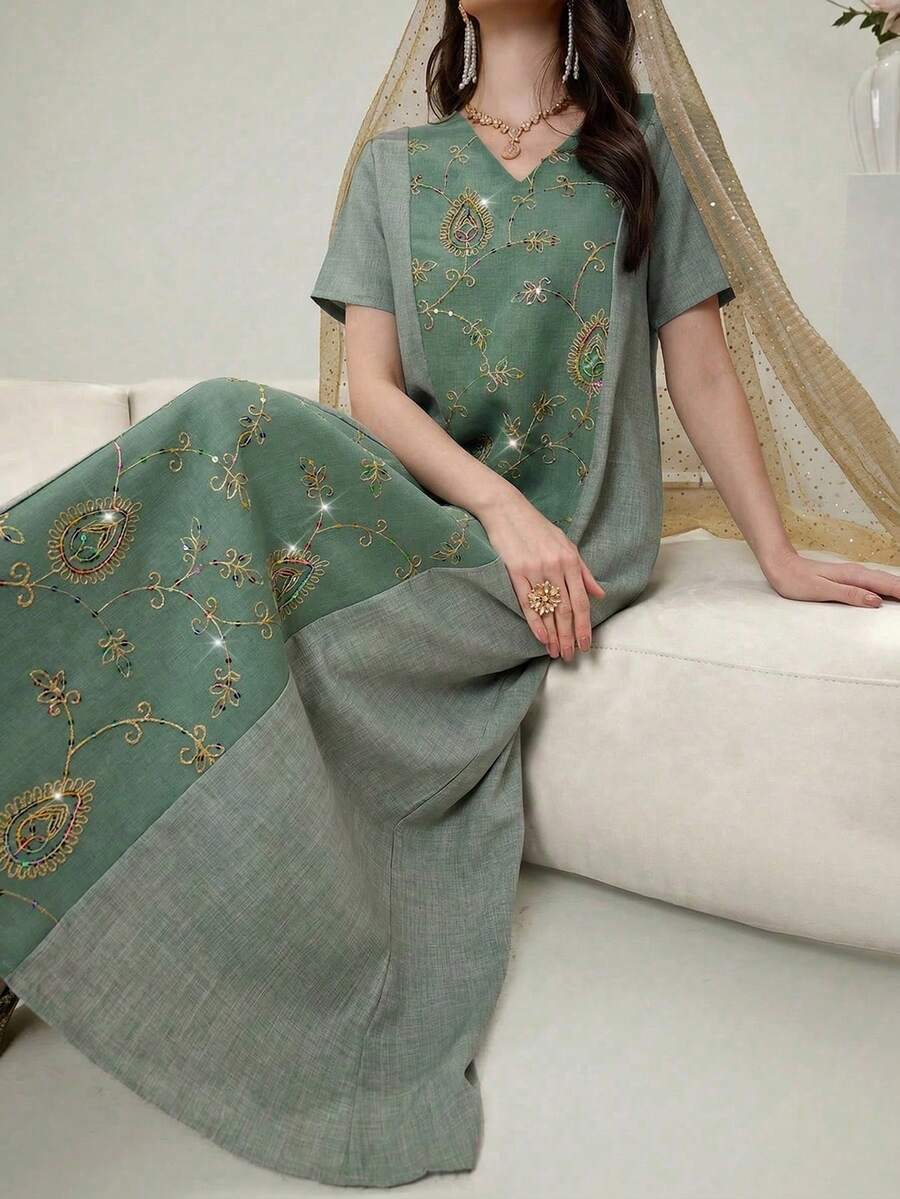 Al Najma V-Neck Loose Short Sleeve Dress, Decorated With Gold Embroidery, Patchwork Solid Color - Green - View 1