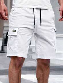 Manfinity Homme Men's Solid Color Elastic Waist Drawstring Pocket Cargo Shorts - White - View 5