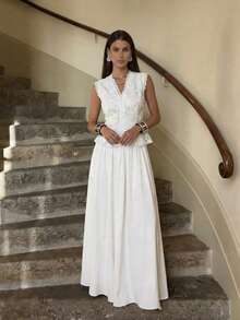 Firerie Women's Elegant Lace V-Neck Cap Sleeve Top And A-Line Skirt Suit,Elegant Romantic Delicate Atmosphere New Year Party Valentine's Day Date Mandarin Collar Lace Sheer Lantern White Blouse And Skirt Suit For Summer Greek Style Dress Classy Dresses For Ladies Greece Outfits For Women Women Elegant Outfits Women Dresses Elegant Classic,Work Outfits For Women - White - View 2
