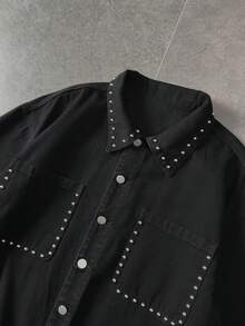 ROMWE MEN Men's Fashionable Front Button Denim Casual Shirt, Versatile Street Style Summer Top - Black - View 5