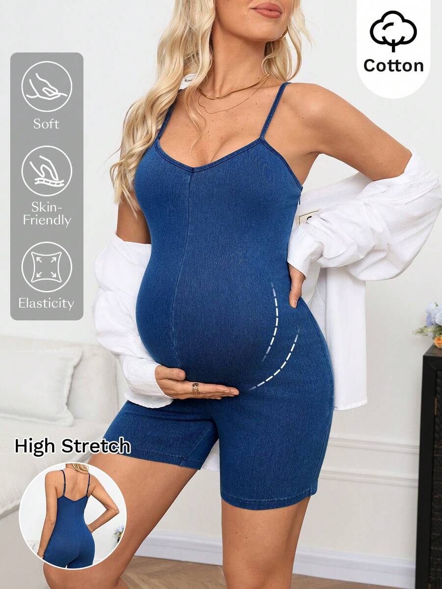 SHEIN 孕妇休闲牛仔连体裤，吊带设计，适合夏季嘉年华、通勤、度假、毕业典礼等场合，时尚百变，可爱街头风，派对、婚礼、商务休闲、海滩、毕业典礼、复活节等场合穿着。舒适的孕妇牛仔背带裤，修身短款连体裤，适合准妈妈穿着，休闲夏季时尚孕妇牛仔连体裤，弹力孕妇连体裤，复活节孕妇连体裤。 - 藍色 - 查看 1