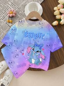 1 Set Tween Girls Blue Summer Cute Vacation Rabbit Heart Bow Letter Gradient Print Short Sleeve T-Shirt And Shorts Set,Casual Comfortable Fashion - Multicolor - View 3