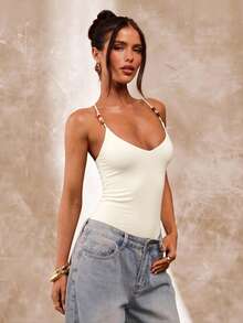 SHEIN BAE Brown Beaded Spaghetti Strap Bodysuit For Women, Summer Tight Sexy Retro Camisole Bodysuit, Beach Vacation Camisole, Beaded Camisole - Apricot - View 5