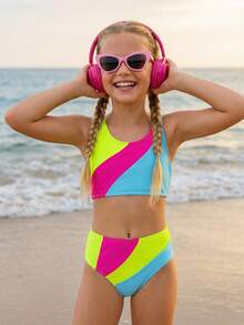 Emery Rose Kids Emery Rose Kids 少女针织撞色泳衣上衣和短裤两件套 - 藍白色 - 查看 2