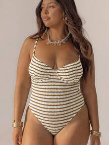 Aralina 女士泳装曲线可爱条纹纹理钢圈连体泳衣，适合度假和7月4日，是夏季装扮和海滩日的完美之选。 - 彩色 - 查看 1