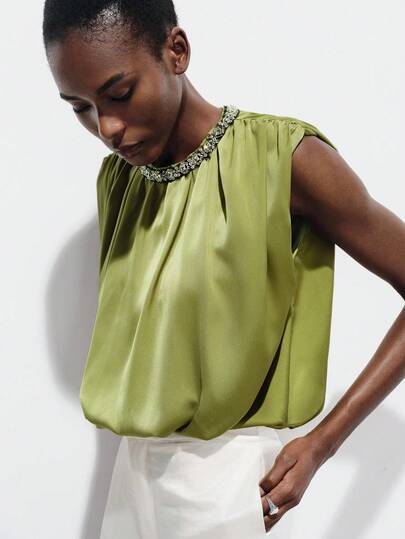 Aveloria Modichic Solid Green Satin Pleated Design Balloon Bud Feeling Cropped Silhouette Collar Studded Decorated Modern Elegant Versatile Casual Party Women Top Blouse