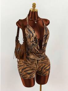 Amplova Boho Style Leopard Print Sexy Low-Cut Bodycon Jumpsuit For Women - Brown - View 2