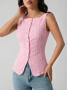 SHEIN PETITE Áo sơ mi nữ không tay, họa tiết hình học, cài một hàng khuy, chất liệu co giãn nhẹ, kiểu dáng ôm sát, thanh lịch và thời trang cho công sở, áo hai dây đơn giản, thoải mái hàng ngày, thích hợp cho mùa xuân/hè, áo không tay, kiểu cổ điển, trang phục phương Tây cho nữ. - Hồng - Xem 5