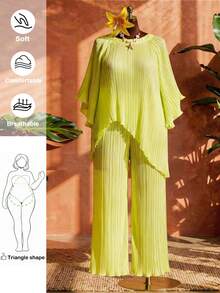 Truni 大码女士优雅度假风不对称袖口及下摆褶皱雪纺阔腿两件套，适合度假、约会、工作、日常穿着。女士度假套装，两件套休闲装，女士夏季套装，女士夏季度假套装。 - 綠色 - 查看 4