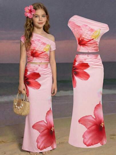 SHEIN Bộ đồ dệt kim màu hồng không tay cho bé gái tuổi teen với cổ áo bất đối xứng, phong cách nghỉ mát, váy hoa hồng, trang phục Hawaii, trang phục cô gái đảo, trang phục mùa hè.
