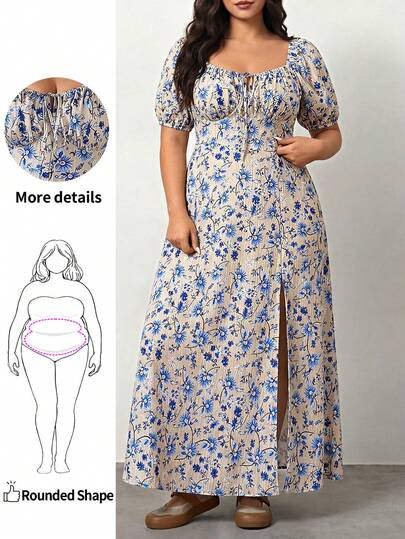 Enliva Plus Size Floral Print High Slit Short Sleeve Mini Dress Blue Floral Maxi Dress Long Summer Dress Maxi Dress With Slit Blue Flower Print Dress Vacation Maxi Dress