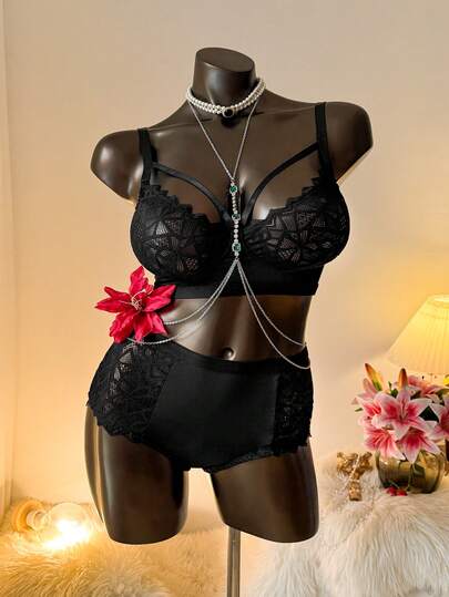 Auralis 2 件大码无钢圈对比色蕾丝文胸和内裤套装内衣，提升