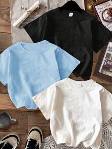 SHEIN 3pcs/Set Boys Casual Fashionable Graphic Tees,Vintage Car & Motorcycle Prints,Dad & Me Style,Loose Fit Round Neck Short Sleeve T-Shirts,Summer - Multicolor - View 2