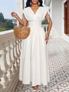 SHEIN Lady 女士度假休闲纯色无袖系腰连衣裙 - 白色 - 查看 5