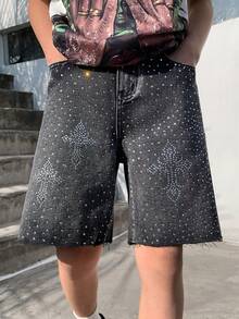 SHEIN 青少年男孩時尚返校街頭風混搭百搭設計 Y2K 復古酷炫閃亮十字水鑽設計黑色寬鬆牛仔短褲 兒童男孩柔軟日常穿搭 秋季或冬季返校返校派對狂歡節海灘街頭風校園水鑽短褲閃亮牛仔短褲 - 黑色 - 查看 5