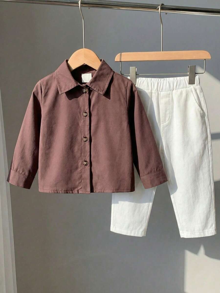 SHEIN 婴幼儿男女童百搭翻领长袖衬衫，休闲日常穿着，适合日常、户外活动、度假、上学等各种场合，四季皆宜，婴儿衬衫，婴幼儿男女通用衬衫 - 咖啡棕 - 查看 1