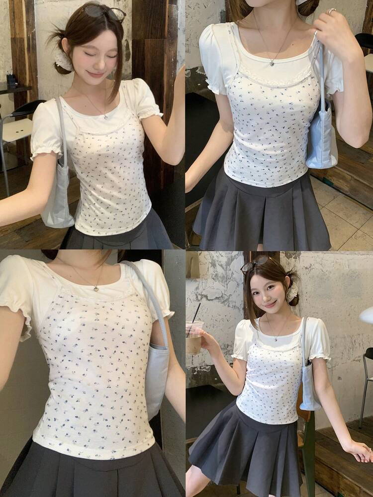 Spring & Summer Ditsy Floral Casual Beach Vacation T-Shirt, Elegant Commuter Tee With Fitted Waist
