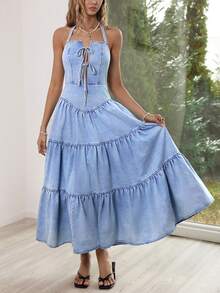 Sunnyshic 女士休闲露背吊带牛仔连衣裙 - 藍色 - 查看 9