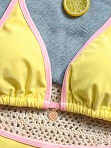 Swim Mod Women's New Solid Color Triangle Cup Bikini Set, Sexy Tie-Up Contrast Color Swimwear 2 Pieces - Yellow - View 4