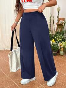 SHEIN EZwear 大码女式简约直筒休闲裤 - 霧霾藍 - 查看 5