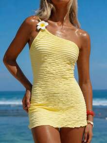 Bellisia Women's Yellow Summer Casual Vacation Holiday Backless Camisole High Waist Bodycon Dress,Hibiscus Accessory Elegant Wavy Bikini Swimsuit Coverup - Yellow - View 7