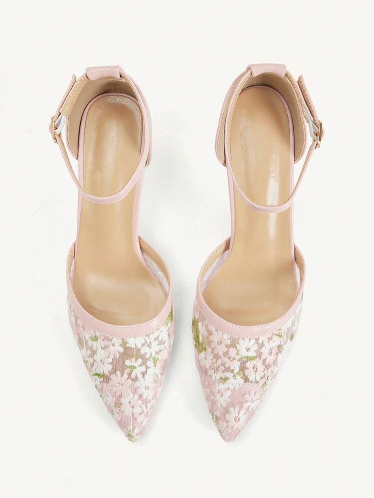 CUCCOO CHICEST Pink Flower Lace Thin Heel Pointed Word Banquet Ladies High Heels Summer Shoes Wedding Shoes Bride Shoes