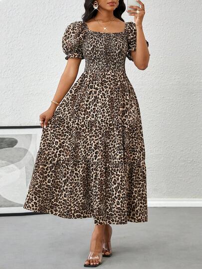 SHEIN Lady Women's Leopard Print Short Sleeve Dress Square Neck Puff Sleeves Shirred Upper Body Birthday Dresses For Women Sundress Beach Outfits For Woman Vacation Outfits Woman Business Casual Woman Wedding Guest Dress Women Graduation Dress Elegant Dress New Arrivals Women Dress Office Dresses For Women Dresses For Women Work Women Dresses African Woman Clothingboho/Bohemia/Boho Women Clothing Birthday&Event Dresses /Office Dresses /Church Dresses/Wedding Dresses /Holiday Dresses