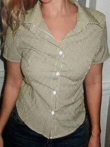 Turnttoni Women's Summer Casual Plaid Shirt - Green - View 3