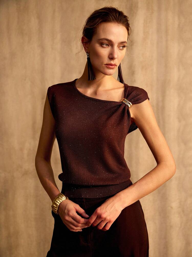 ASYMMETRICAL NECK METAL DECOR KNIT TOP