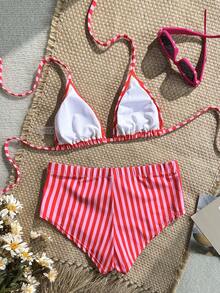 Swim Mod Bộ bikini 2 mảnh dành cho nữ, họa tiết sọc nhiệt đới dễ thương, kiểu cổ yếm tam giác và quần bikini cạp chun điều chỉnh được, kiểu dáng gợi cảm, bán chạy nhất cho kỳ nghỉ biển, phong cách thường ngày thanh lịch, thích hợp cho ngày Valentine. - Nhiều màu - Xem 3