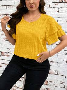SHEIN Clasi 大码女式纯色圆领荷叶边短袖休闲衬衫 - 黃色 - 查看 7
