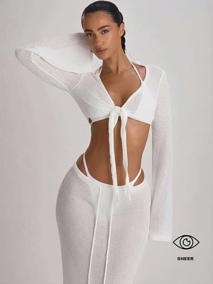 Musera Resort Knit Flared Sleeve Tie Front Cropped Cover Up Top Swim Vacation Holiday Summer Travel Beachwear Basics Solid Colour Resort Core - White - View 1