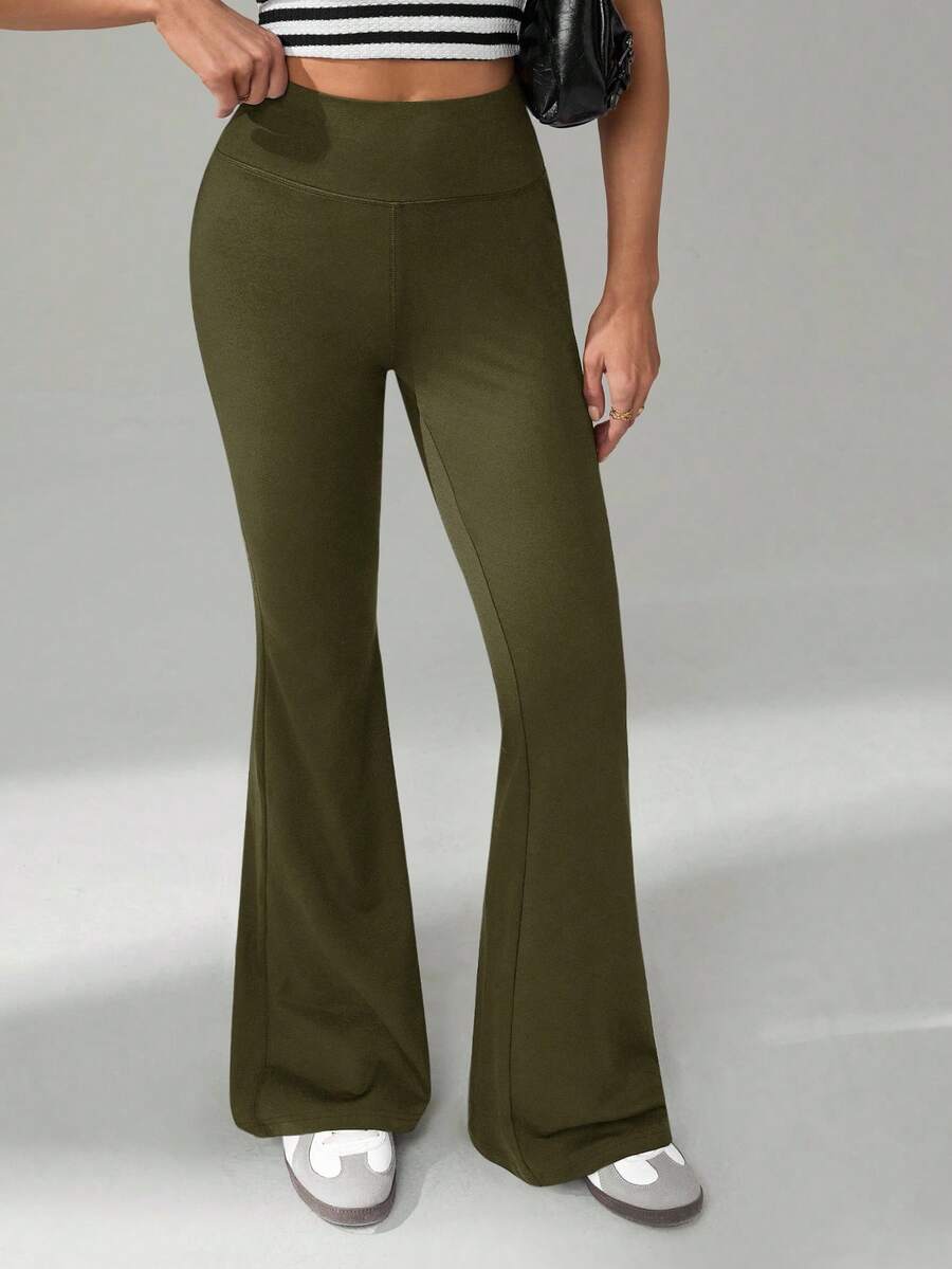 SHEIN Tall 女士纯色休闲高腰喇叭裤 - 軍綠色 - 查看 1