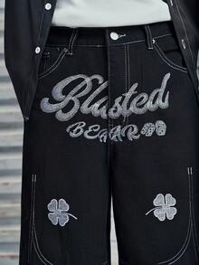 Modcrash GlobeSwift Men's Clover Embroidery Loose Straight Leg Casual Hiphop Bermuda Denim Shorts - Black - View 5