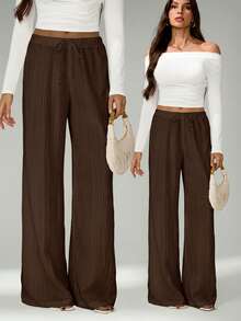 SHEIN Tall Loose Drawstring Waist Trousers In Textured Crinkle Fabric - Chocolate Brown - View 9