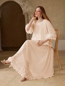 MOTF PREMIUM WOMEN'S ROMANTIC DATE LONG SLEEVE LACE TRIM APRICOT ROUND NECK BLOUSE, SPRING/SUMMER - Pink - View 7