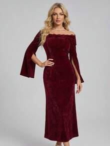 DAZY Women's Off-Shoulder Lace Patchwork Velvet Dress, Elegant And Fitted Sundress - Burgundy - View 2