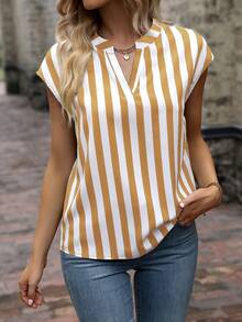 EMERY ROSE Women's Striped V-Neck Casual Versatile Daily Wear Short Sleeve Shirt - Yellow - View 6