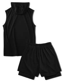 Sport MetroGents 男士极简印花连帽衫和短裤套装 - 黑色 - 查看 2