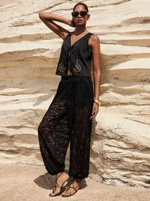 Maija Women's Elastic Waist Floral Lace Pocket Ankle Length Pants - Black - View 2