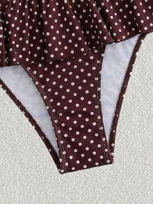 Swim Mod 女士印花抹胸比基尼套装，休闲低腰荷叶边短裙，度假泳装 - 棕色 - 查看 7