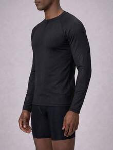 Manfinity KASUA Men's Plain Insert Sleeve Surf T-Shirt Athletic Workout Shirt, Men Swim Shirt, Mesh Men Top, Men S Rash Guard Shirt, Long Sleeve Swim Shirt - Black - View 4