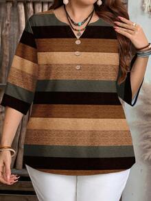 EMERY ROSE Plus Size Women Patchwork Color Casual Minimalist Daily Wear Shirt, Suitable For Summer - Multicolor - View 5