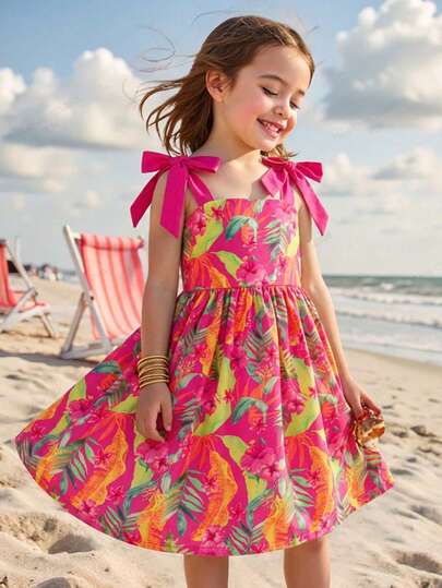 SHEIN Vestido de gasa sin mangas con estampado floral pequeño para niña