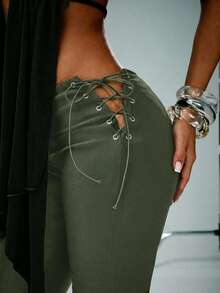 Denimoi 侧边系带喇叭裤性感下装 GNO演唱会服装 性感夜店装 - 軍綠色 - 查看 2