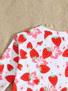 女童连体泳衣，可爱休闲度假红色草莓花卉拉链荷叶边针织面料连体泳衣，时尚优雅女士适合游泳、夏季度假、海滩、泳池、节日派对 - 紅色 - 查看 5