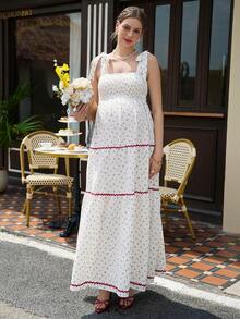 Momance Women's Long Ditsy Floral Spaghetti Strap Tie Bow Elegant Maternity Dress - Apricot - View 6